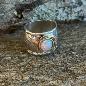 Sterling and 14k gold synthetic opal ring